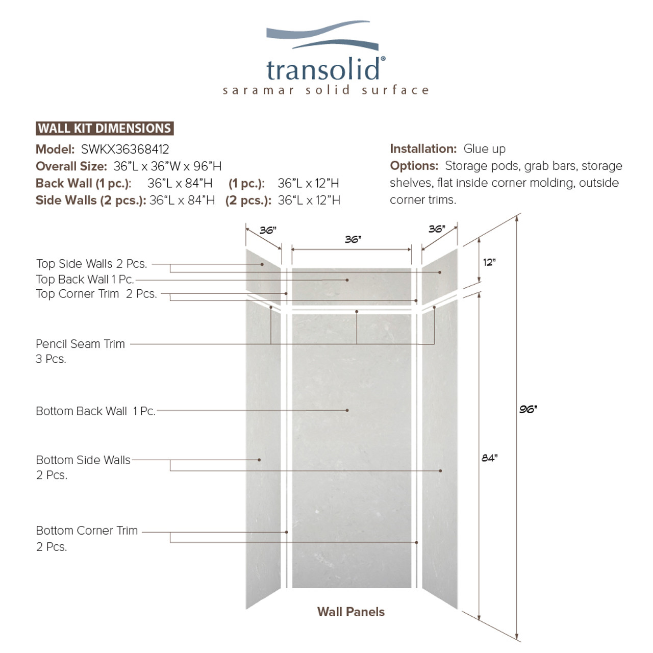 Transolid SWKX36368412-50V SaraMar 36-in x 36-in x 96-in Glue to Wall 6-Piece Shower Wall Trimmable Kit with Extension, Lunar Velvet