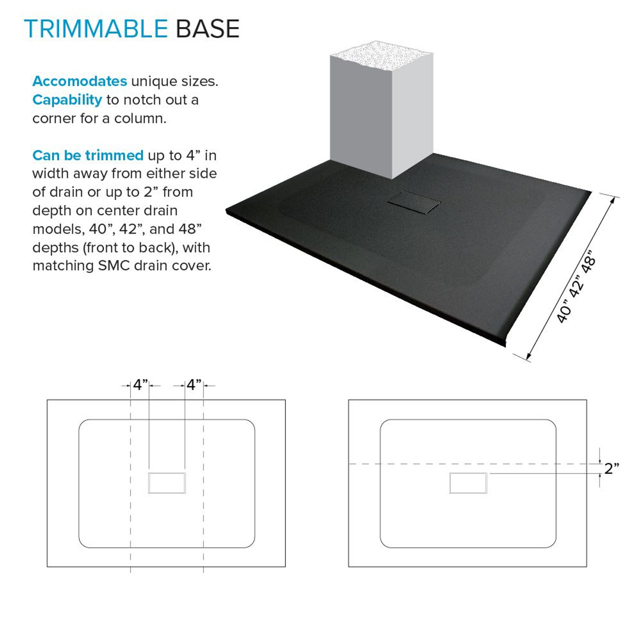 Transolid FZS6340C-09 Trimslate 63-in x 40-in Zero Threshold Shower Base with Center Drain, Black