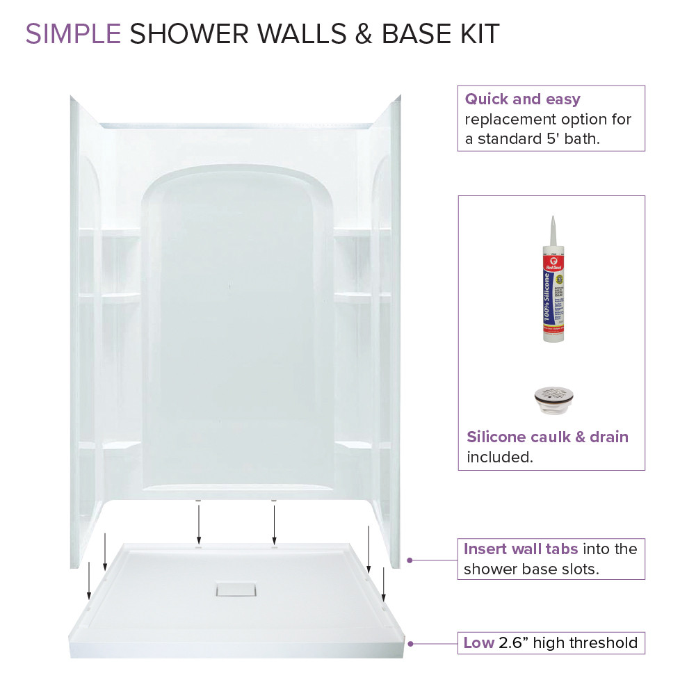 Transolid 48"x34" Low Profile Shower Kit with Center Drain, White