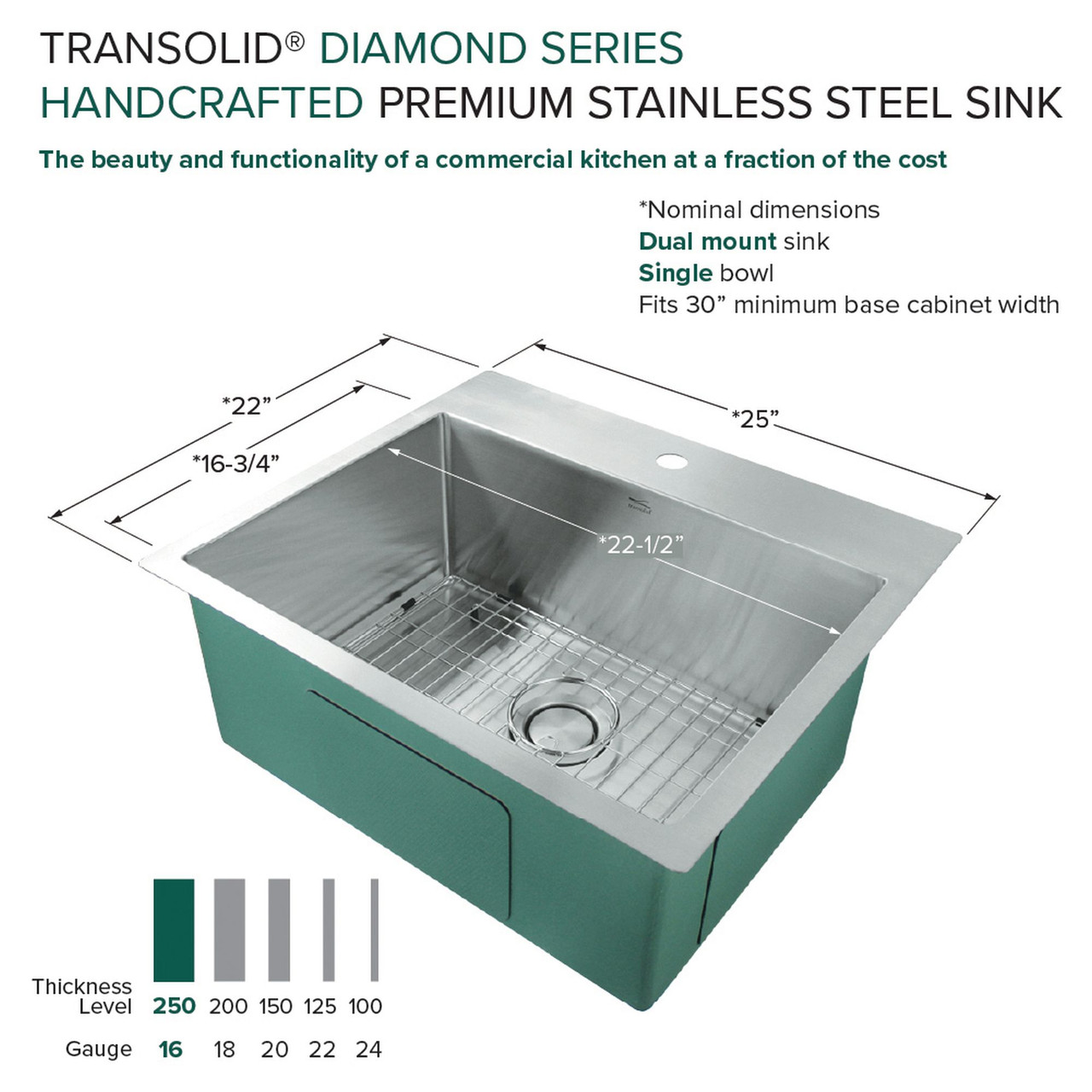 Transolid KKM-DTSB252210-3 Diamond Sink Kit with Single Bowl, Micro Dual Mount Installation, 3 Pre-Drilled Holes, Magnetic Accessories Kit, and Drain Kit