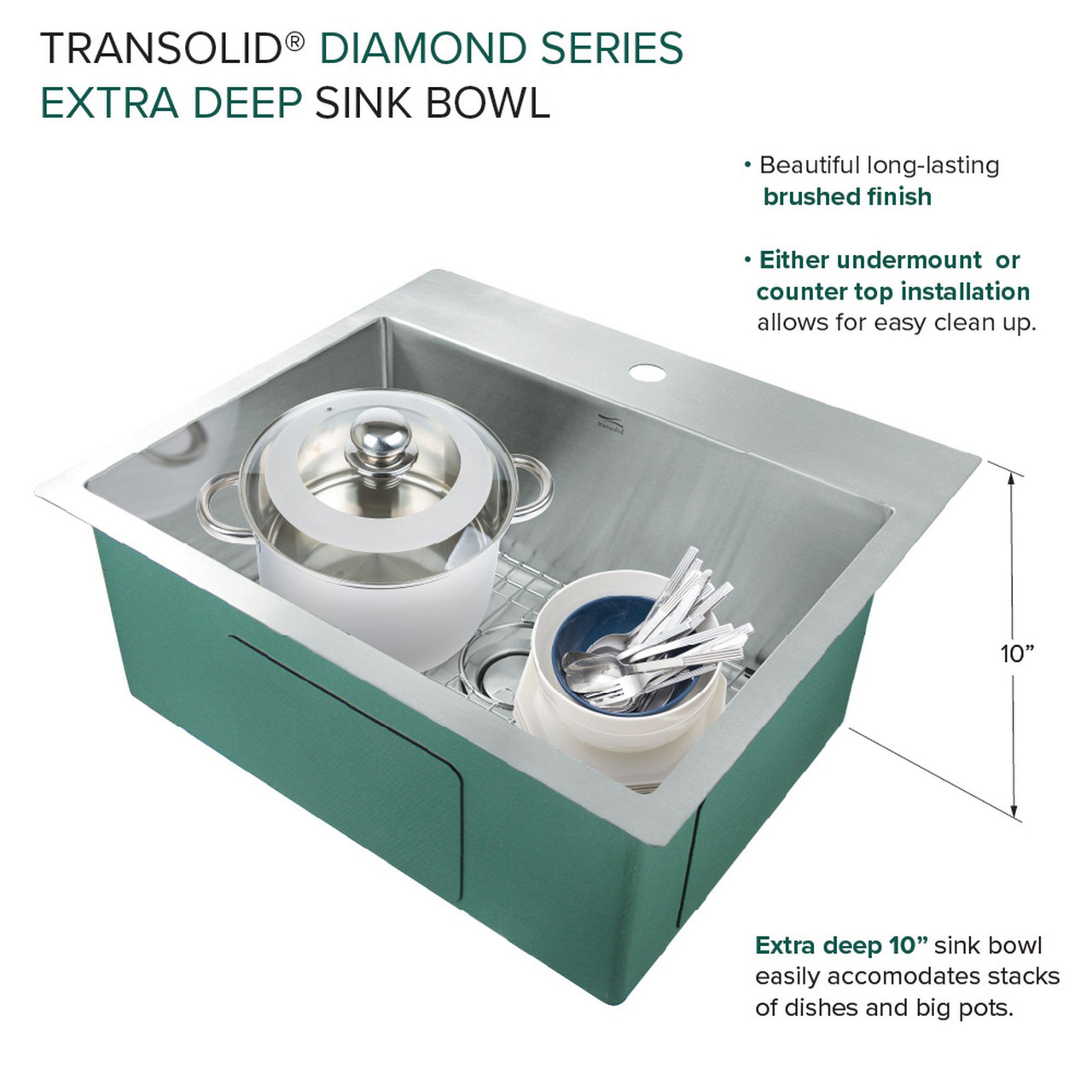 Transolid KKM-DTSB252210-3 Diamond Sink Kit with Single Bowl, Micro Dual Mount Installation, 3 Pre-Drilled Holes, Magnetic Accessories Kit, and Drain Kit