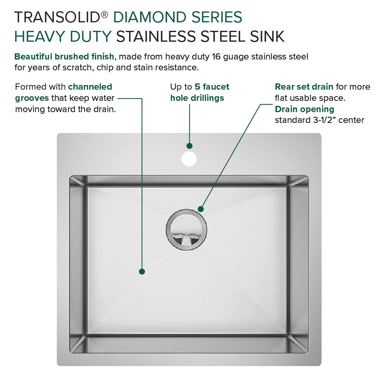 Transolid KKM-DTSB252210-3 Diamond Sink Kit with Single Bowl, Micro Dual Mount Installation, 3 Pre-Drilled Holes, Magnetic Accessories Kit, and Drain Kit