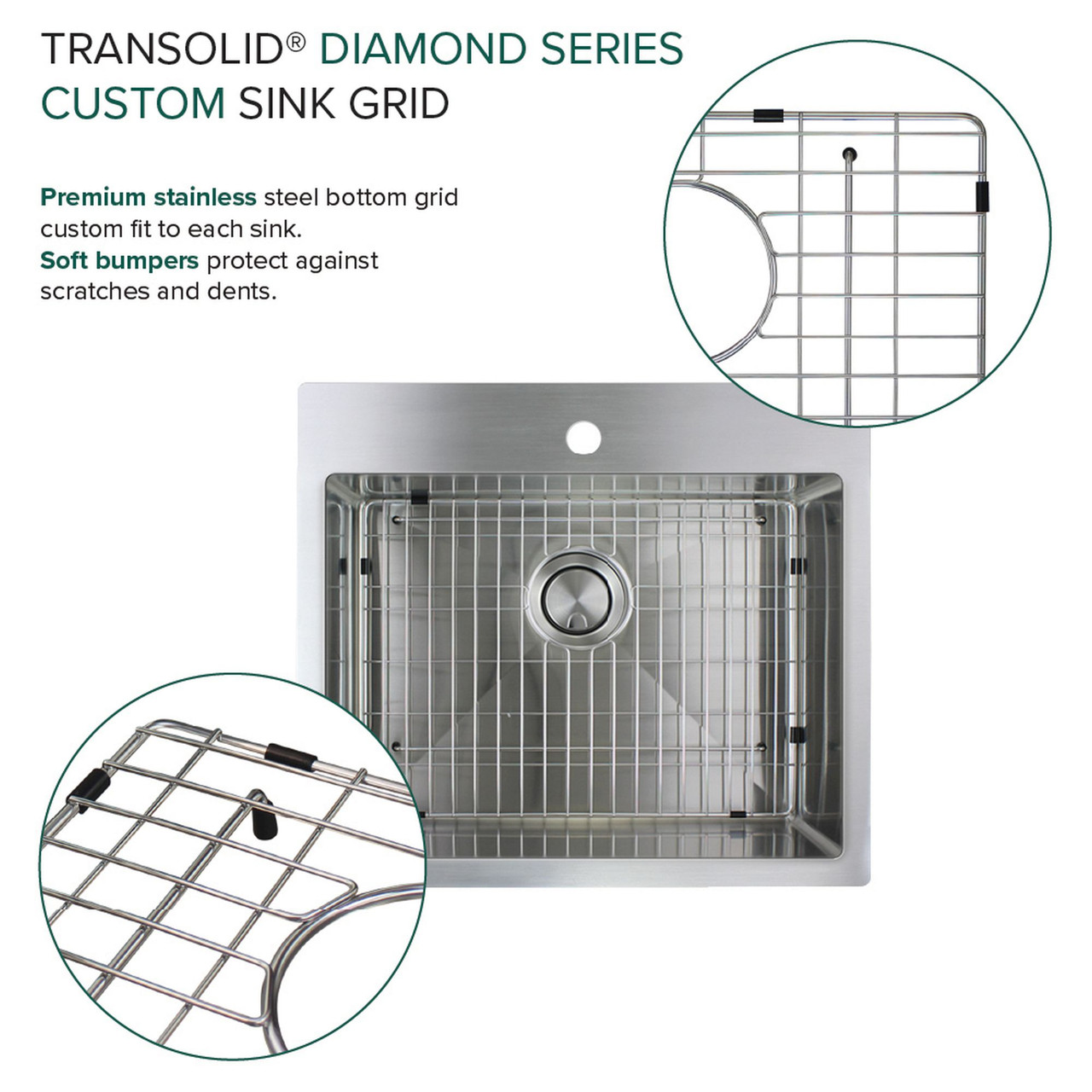 Transolid KKM-DTSB252210-3 Diamond Sink Kit with Single Bowl, Micro Dual Mount Installation, 3 Pre-Drilled Holes, Magnetic Accessories Kit, and Drain Kit
