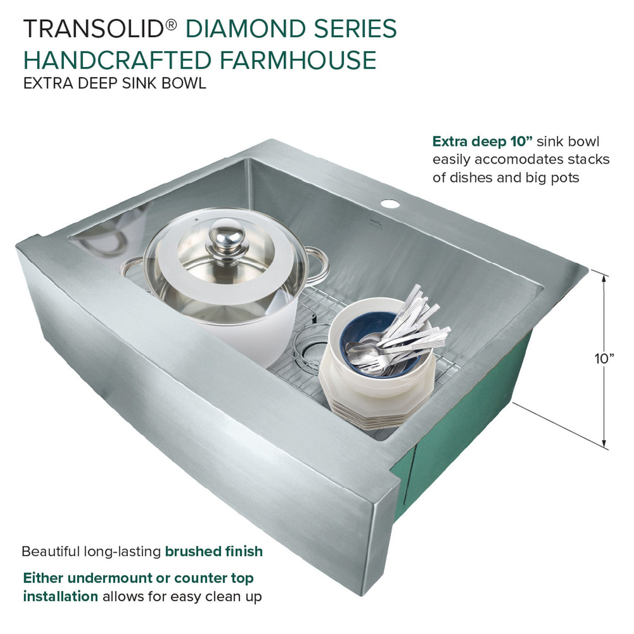 Transolid KKM-DTSSF302510-ML2 Diamond Sink Kit with Farmhouse Style Single Bowl, 2 Pre-Drilled Holes, Magnetic Accessories Kit, and Drain Kit