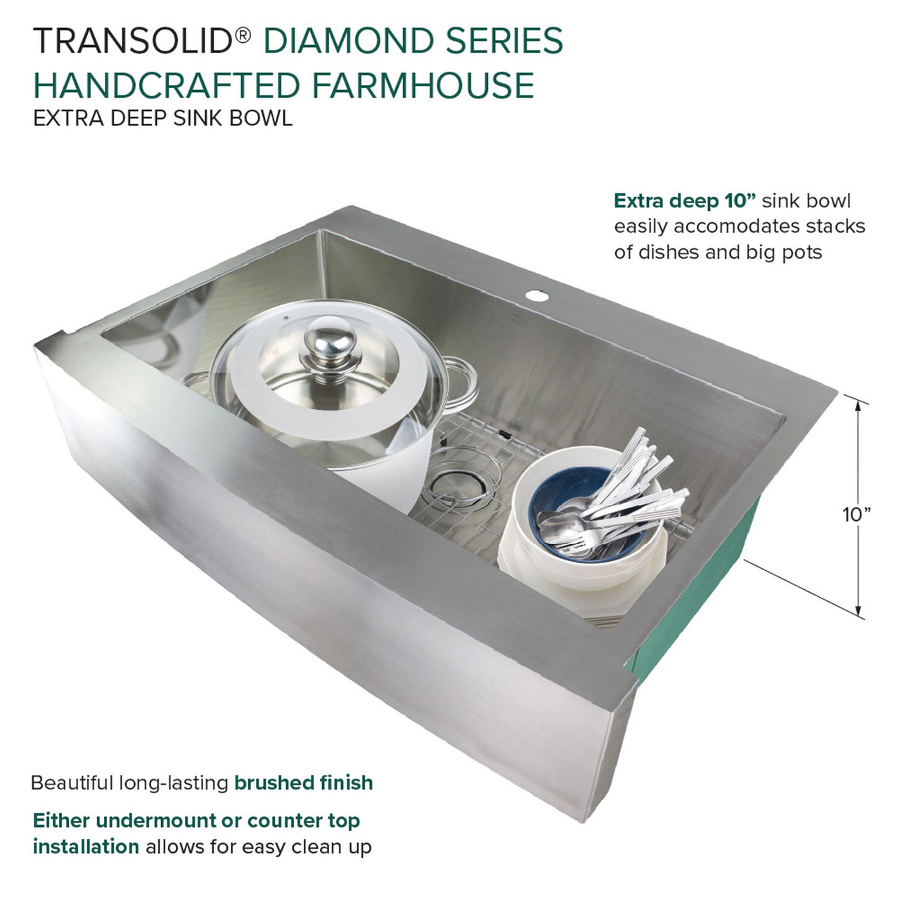 Transolid KKM-DTSSF362510 Diamond Sink Kit with Farmhouse Style Super Single Bowl, Magnetic Accessories Kit, and Drain Kit