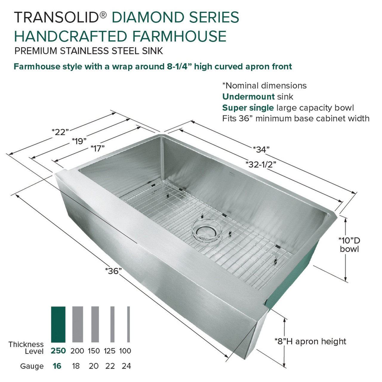 Diamond Sink Kit with Farmhouse Style Super Single Bowl, Magnetic Accessories Kit, and Drain Kit
