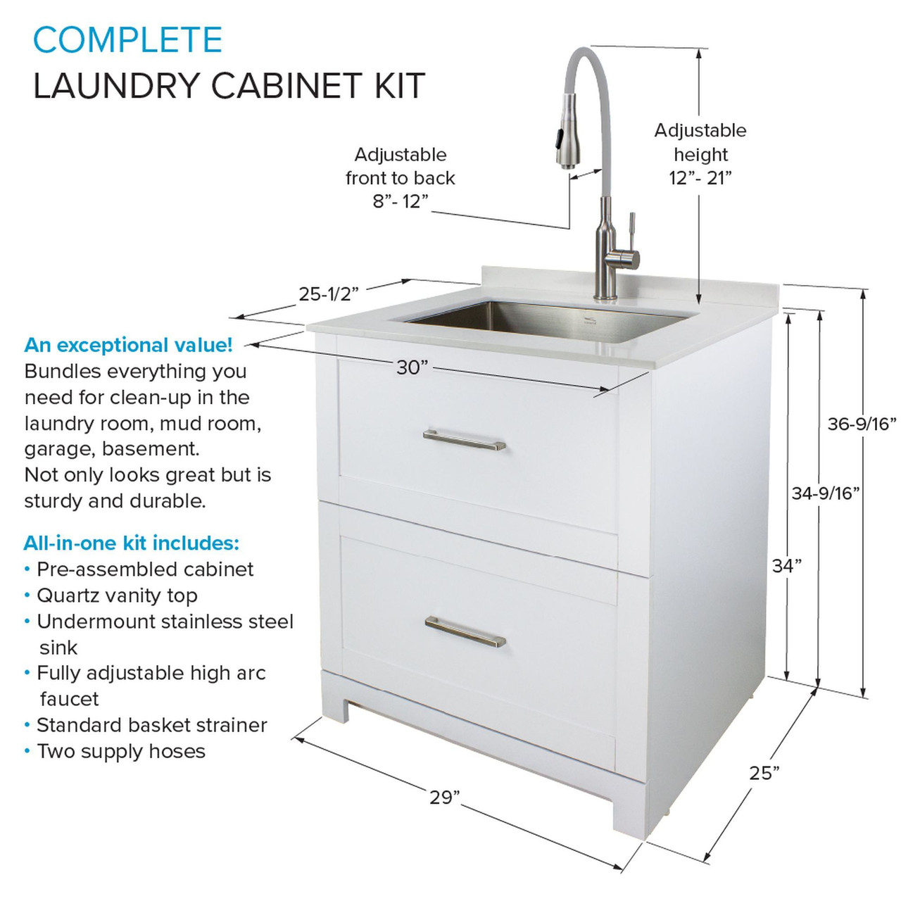 All-in-One 29-in x 25.5-in Quartz Undermount Laundry/Utility Sink and Cabinet with Faucet in Matte White