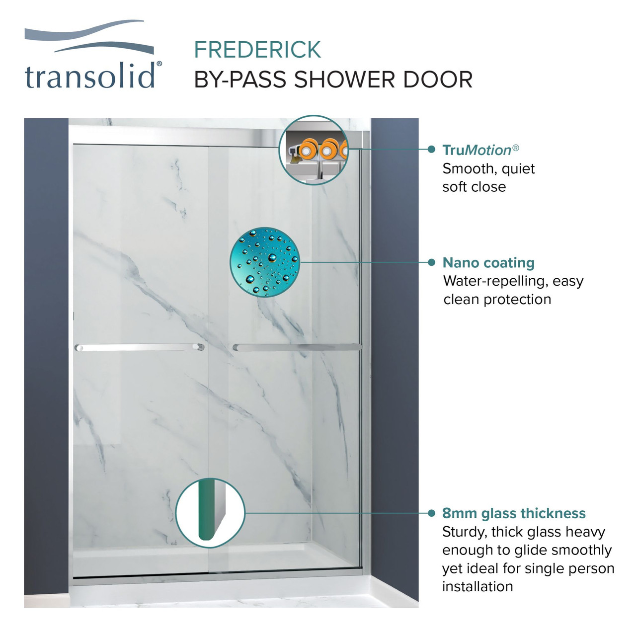 Semi-frameless bypass shower door featuring EXCLUSIVE TruMotion technology in Polished Chrome frame finish with smooth clear glass texture and modern Sabrina handles 45-3/4-in to 47-in W x 70-in H