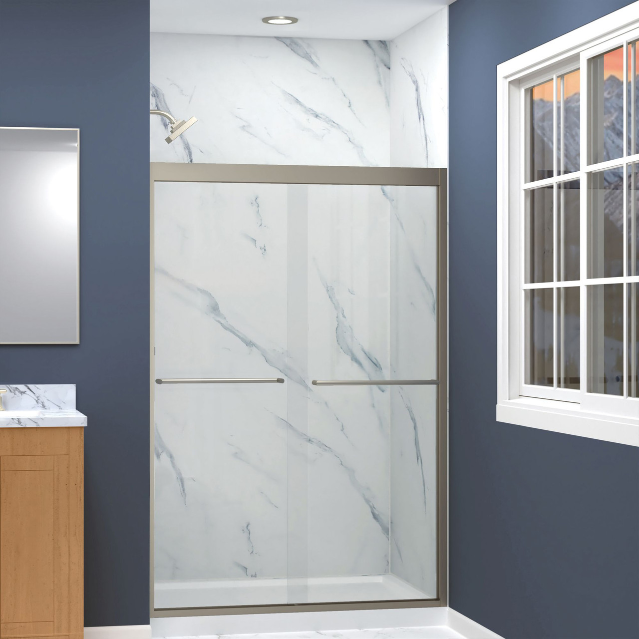 Semi-frameless bypass shower door featuring EXCLUSIVE TruMotion technology in Brushed Stainless frame finish with smooth clear glass texture and traditional Turin handles 45-3/4-in to 47-in W x 70-in H