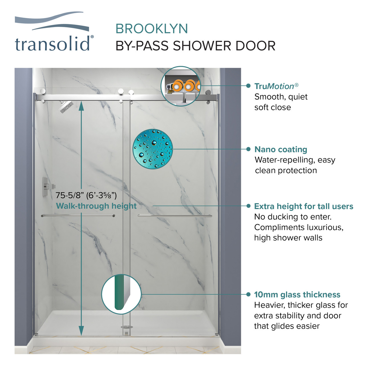 Frameless Bypass Shower Door Featuring EXCLUSIVE TruMotion Technology in a Brushed Stainless Finish with a Smooth Low Iron Ultra Clear Glass Texture and Niles Handles 60-in W x 80-in H