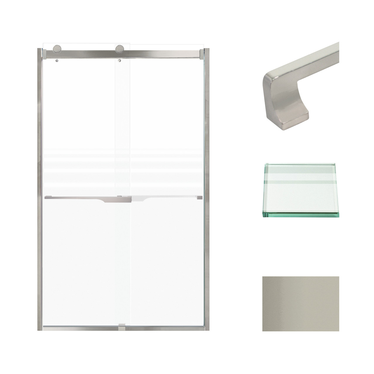 Frameless bypass shower door in brushed stainless frame finish with frosted glass texture and rustic Justin handles 48-in W x 80-in H