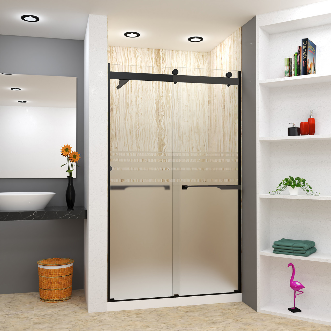 Frameless bypass shower door in matte black frame finish with frosted glass texture and rustic Justin handles 48-in W x 80-in H