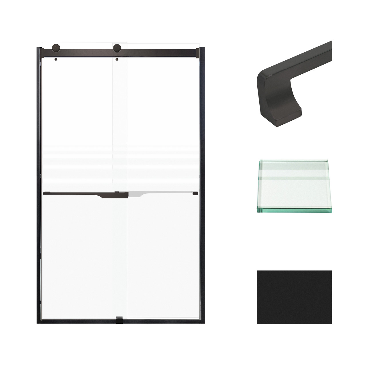 Frameless bypass shower door in matte black frame finish with frosted glass texture and rustic Justin handles 48-in W x 80-in H