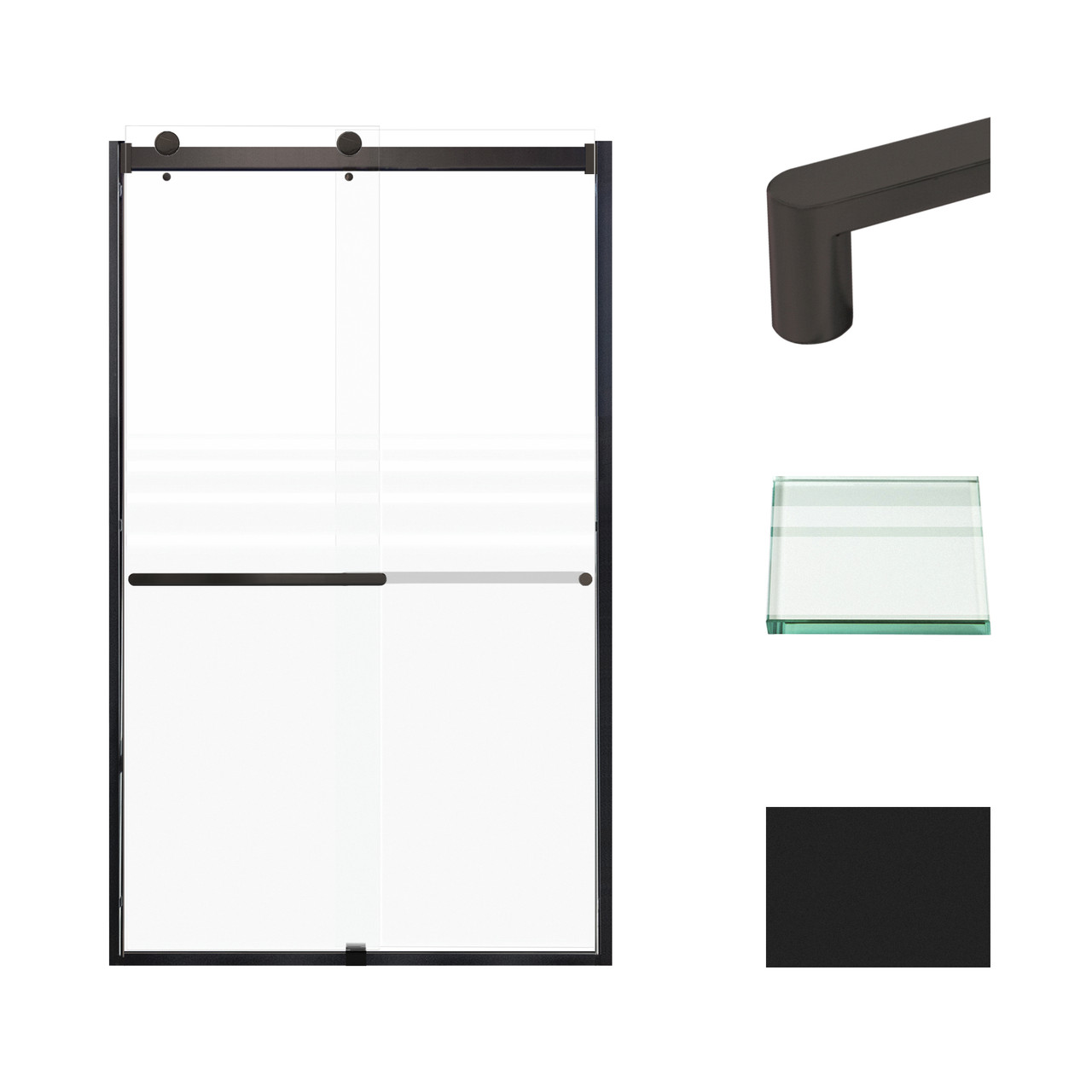 Frameless bypass shower door in matte black frame finish with frosted glass texture and classic Riley handles 48-in W x 80-in H