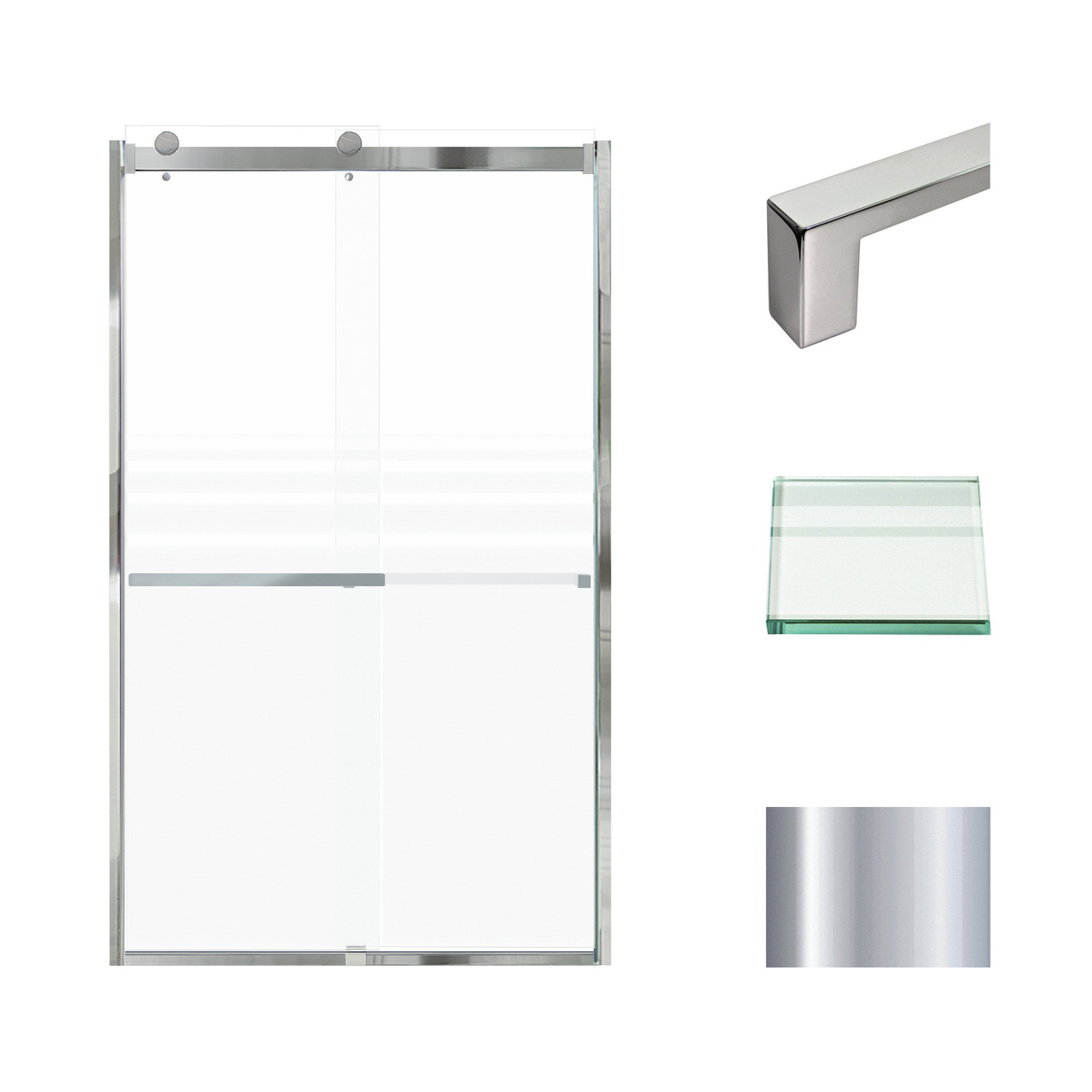 Frameless bypass shower door in polished chrome frame finish with frosted glass texture and classic Sabrina handles 48-in W x 80-in H