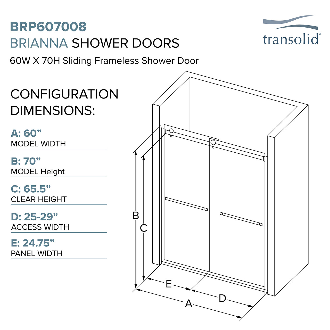 Frameless bypass shower door in matte black frame finish with smooth clear glass texture and classic Riley handles 60-in W x 70-in H