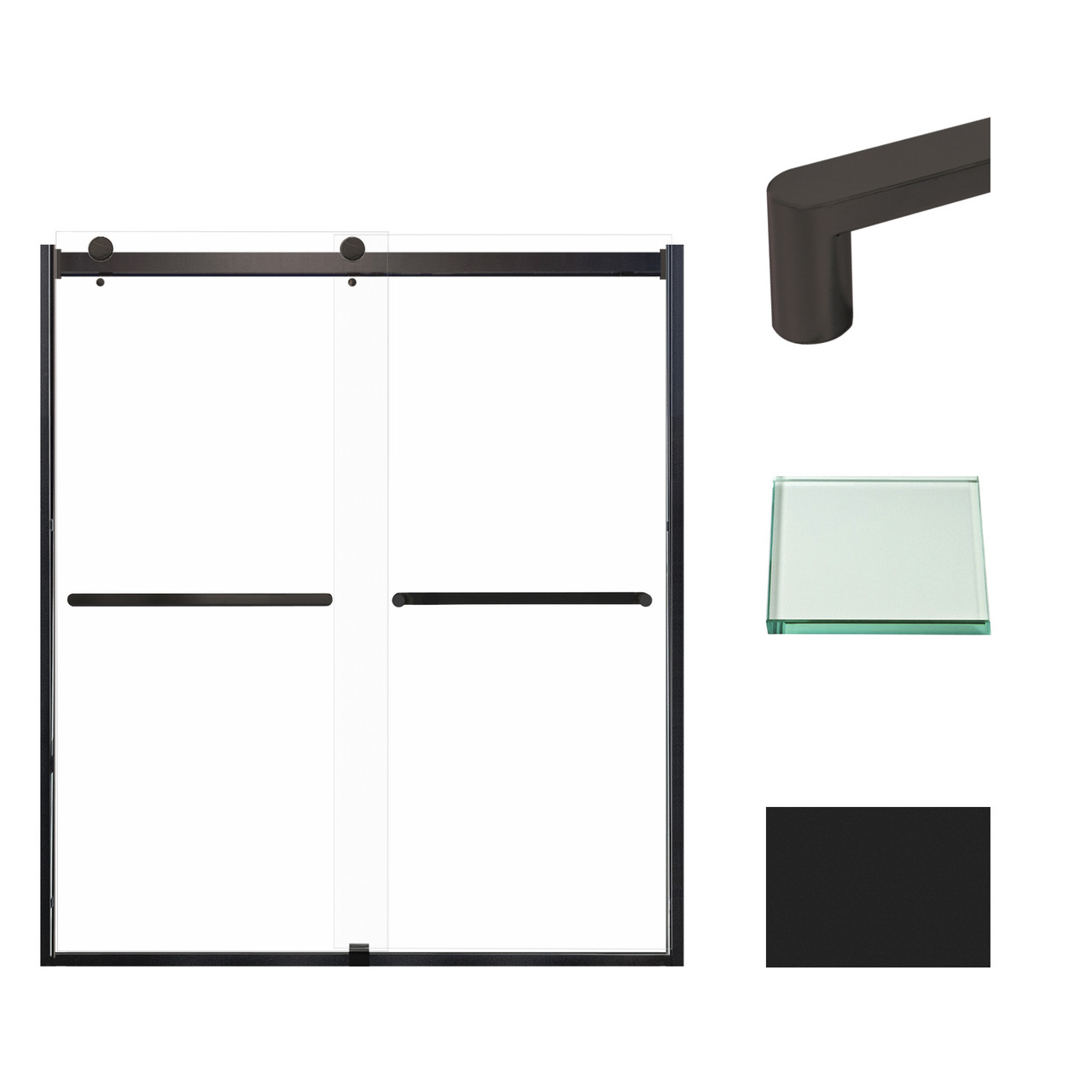Frameless bypass shower door in matte black frame finish with smooth clear glass texture and classic Riley handles 60-in W x 70-in H
