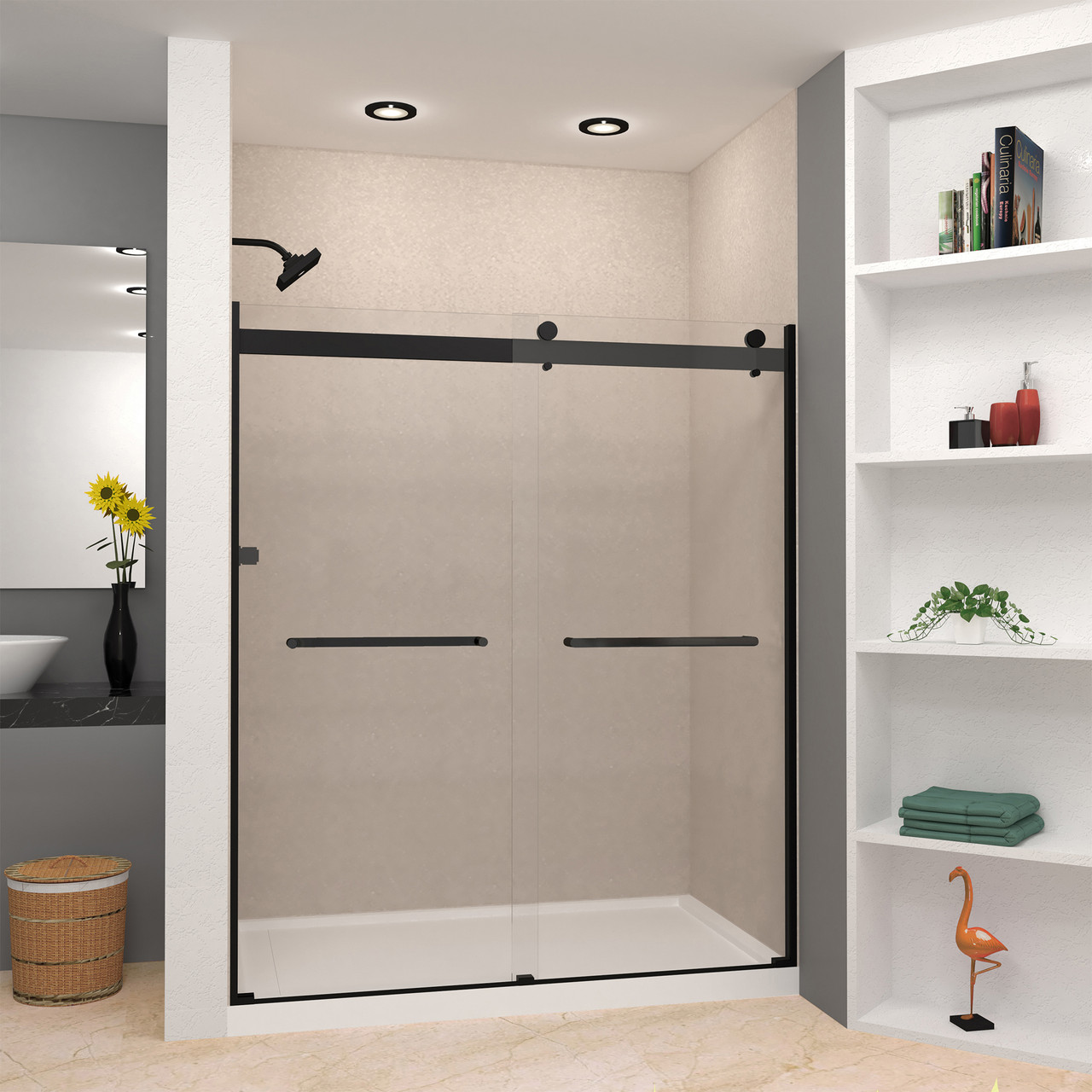 Frameless bypass shower door in matte black frame finish with smooth clear glass texture and classic Riley handles 60-in W x 70-in H