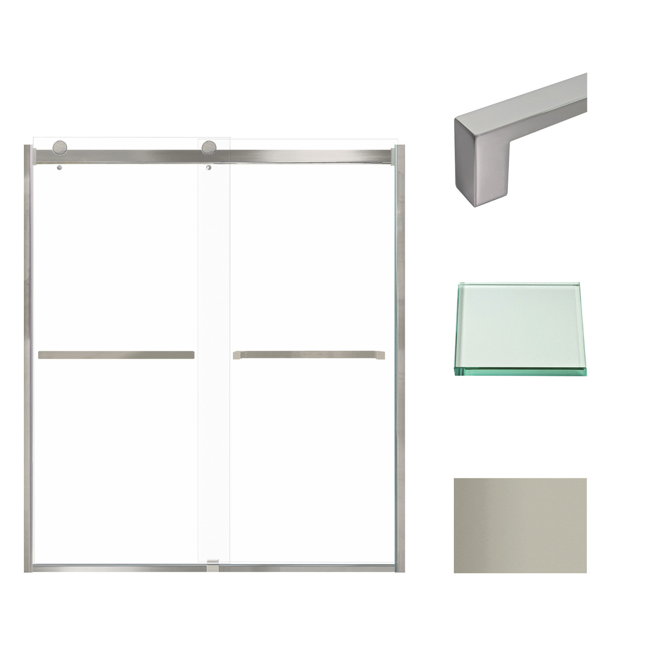 Frameless bypass shower door in brushed stainless frame finish with smooth clear glass texture and classic Sabrina handles 60-in W x 70-in H