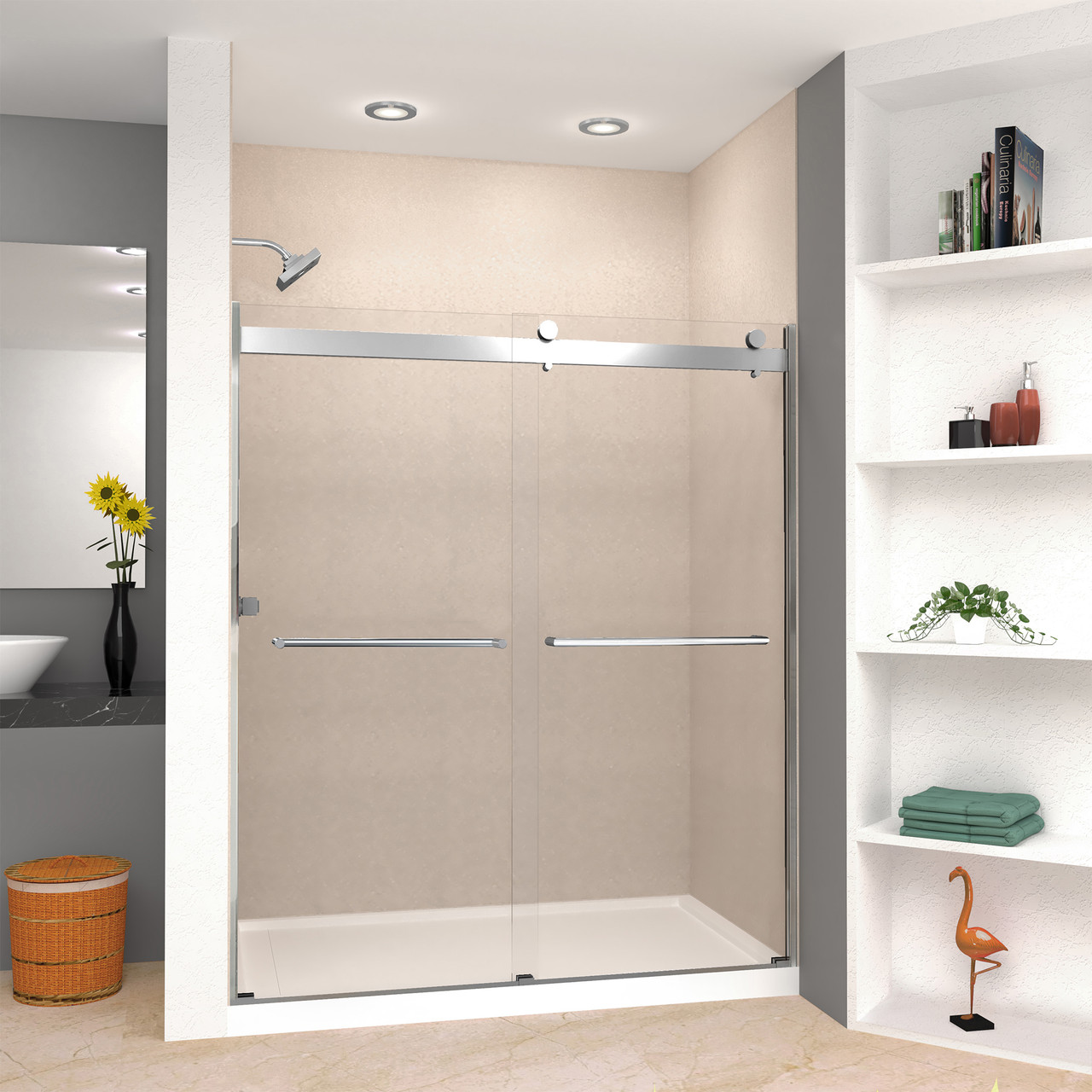 Frameless bypass shower door in polished chrome frame finish with smooth clear glass texture and classic Turin handles 60-in W x 70-in H