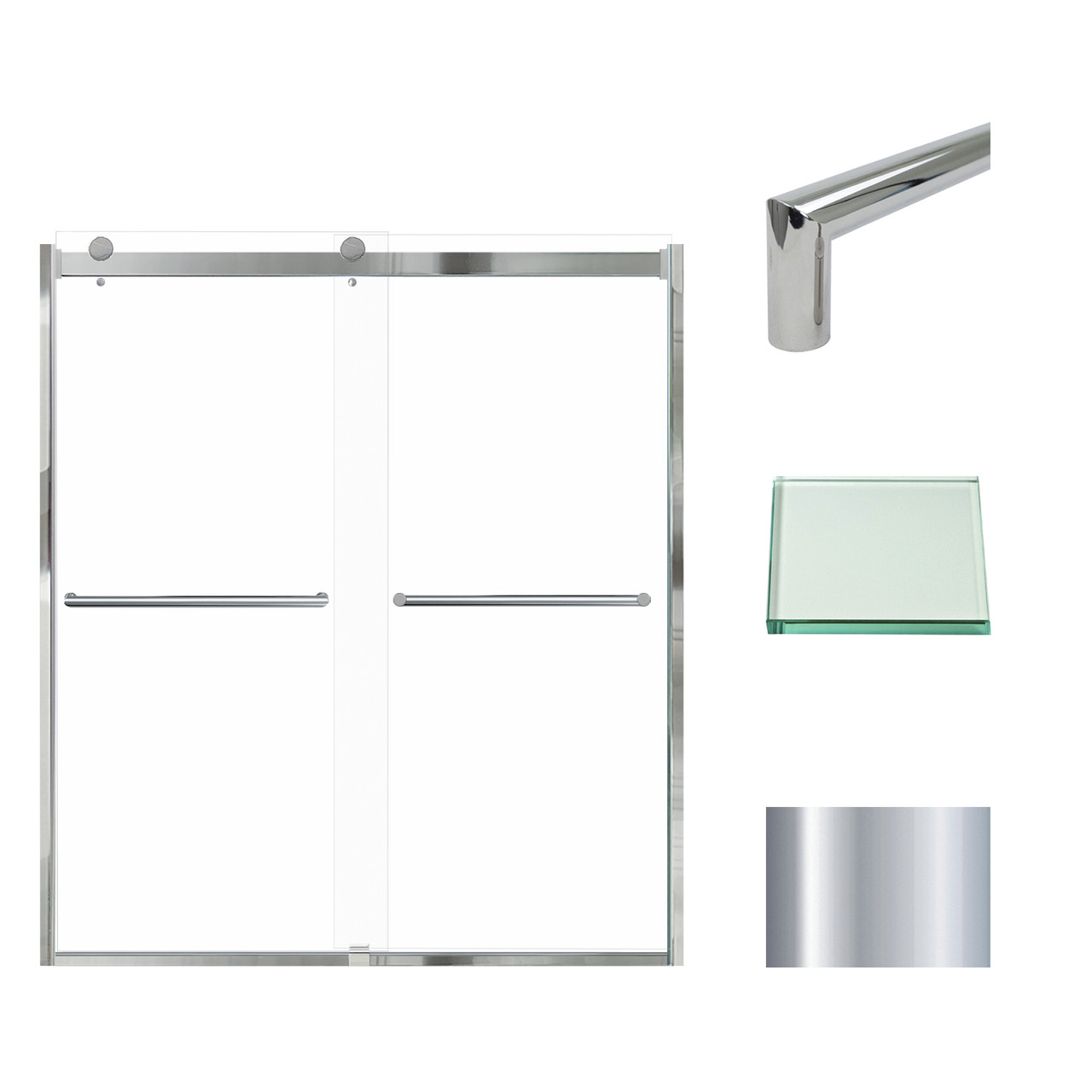 Frameless bypass shower door in polished chrome frame finish with smooth clear glass texture and classic Turin handles 60-in W x 70-in H