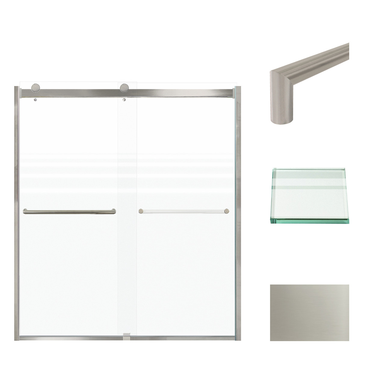 Frameless bypass shower door in brushed stainless frame finish with frosted glass texture and classic Turin handles 60-in W x 70-in H