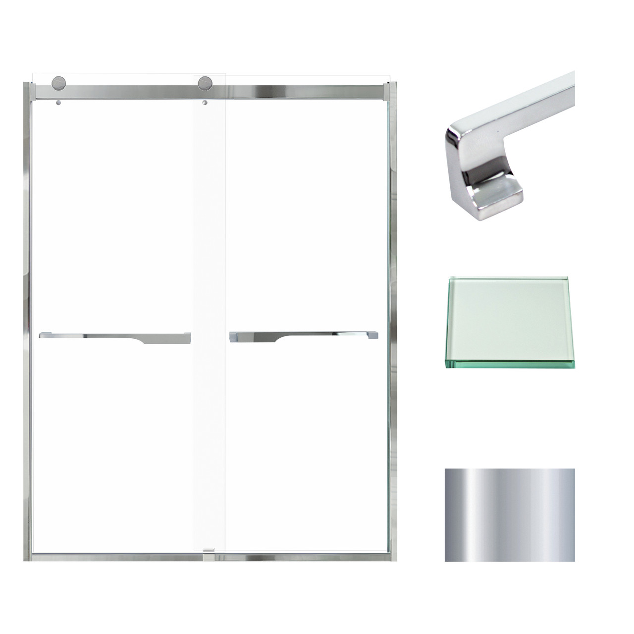 Frameless bypass shower door in polished chrome frame finish with smooth clear glass texture and rustic Justin handles 60-in W x 80-in H