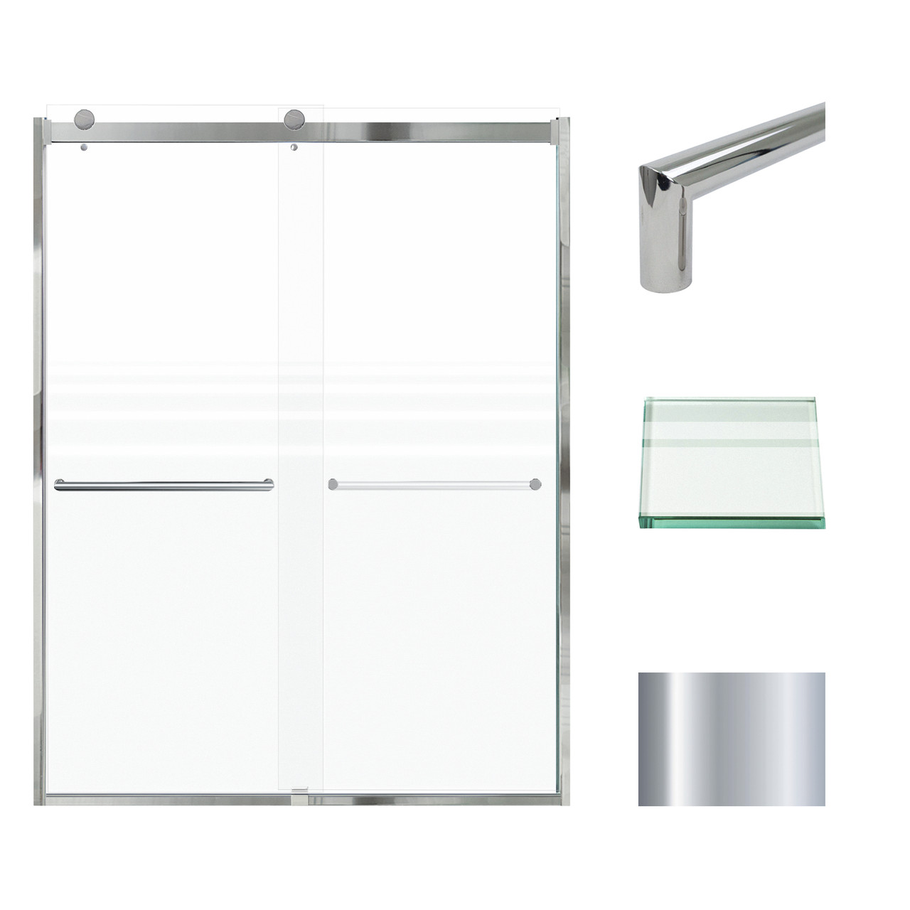 Frameless bypass shower door in polished chrome frame finish with frosted glass texture and classic Turin handles 60-in W x 80-in H