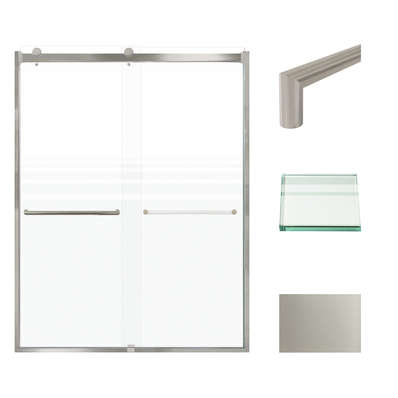 Frameless bypass shower door in brushed stainless frame finish with frosted glass texture and classic Turin handles 60-in W x 80-in H