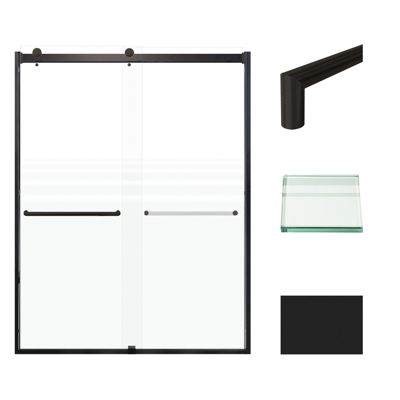 Frameless bypass shower door in matte black frame finish with frosted glass texture and classic Turin handles 60-in W x 80-in H