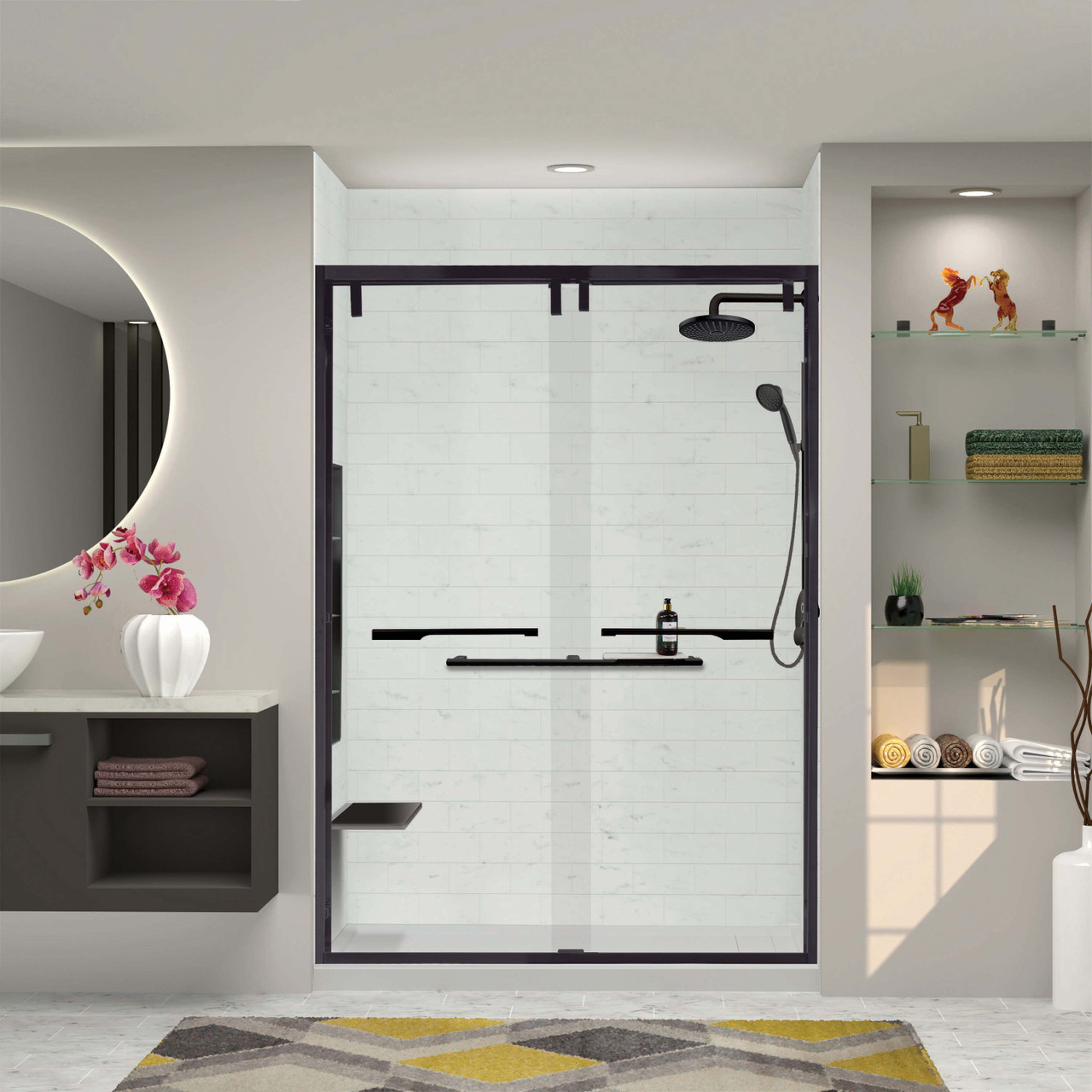 Semi-frameless bypass shower door with a matte black frame and a clear glass texture with Justin handles 56-60-in W x 80-in H