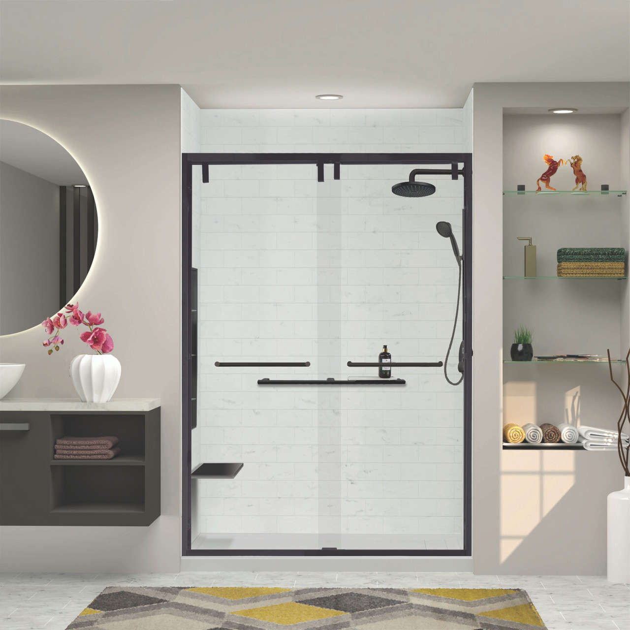 Semi-frameless bypass shower door with a matte black frame and a clear glass texture with Turin handles 56-60-in W x 80-in H
