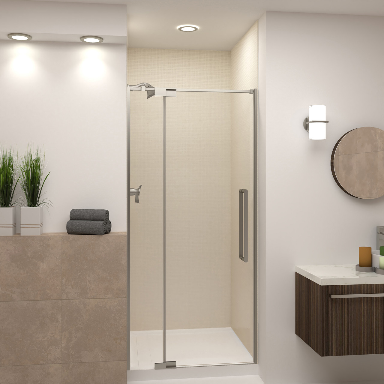 Transolid IPD367610C-R-BN Semi-frameless pivot shower door in Brushed Stainless frame finish with smooth glass texture 32-in to 36-in W x 76-in H