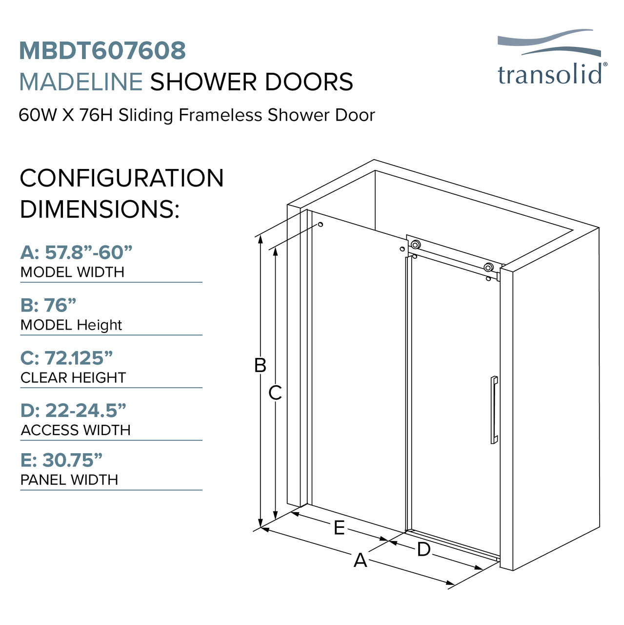 MBDT607608C-S-PC Frameless sliding shower door with fixed panel in polished chrome with clear glass texture and Sabrina handles