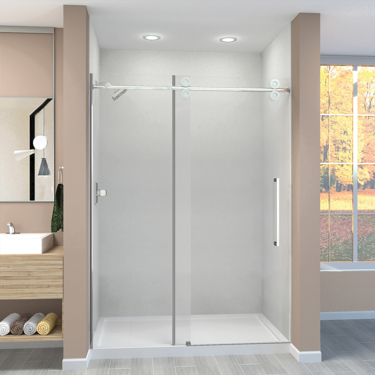 Transolid TPBT608010L-S-PC Frameless sliding shower door with fixed panel in polished chrome with low iron glass and Sabrina handles