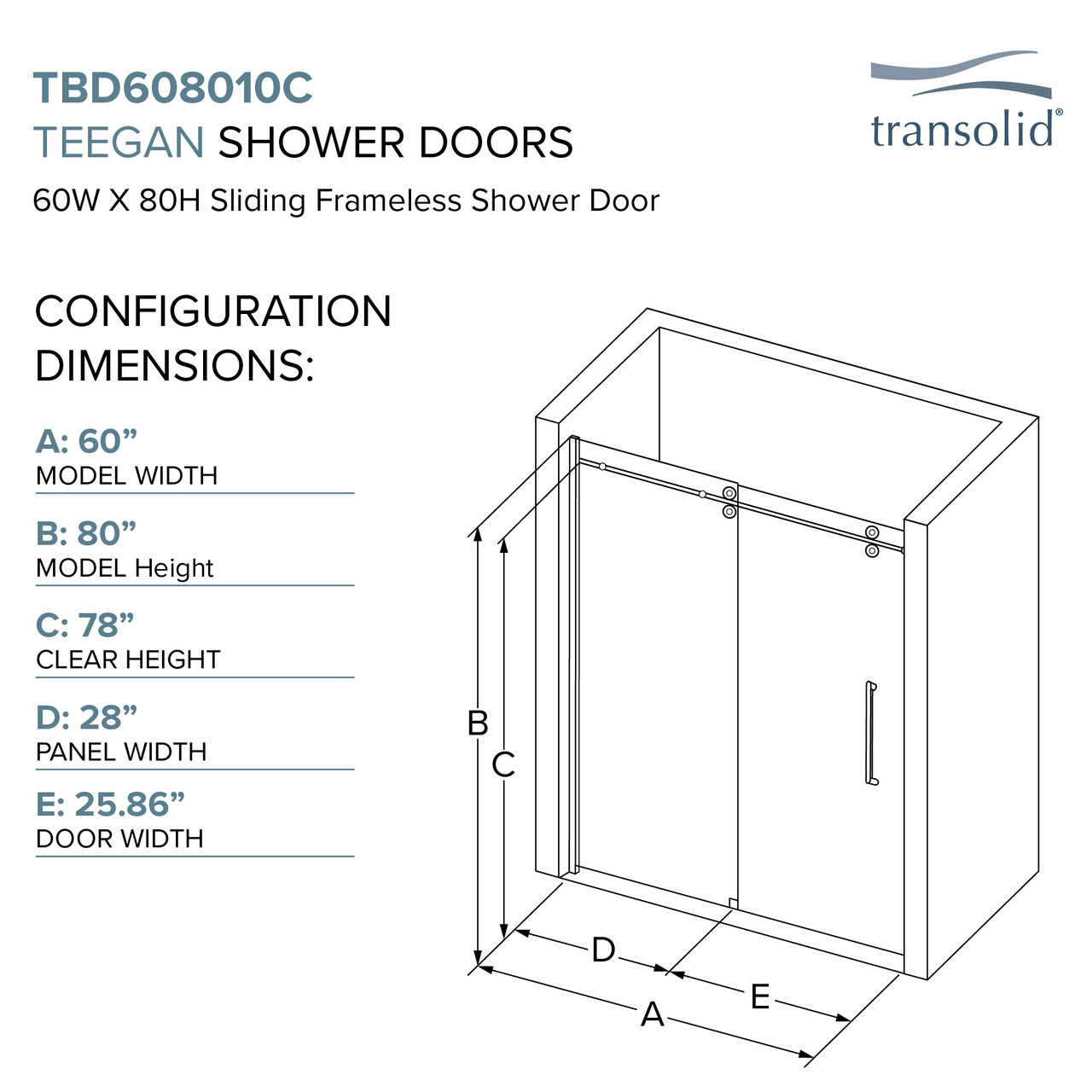 Transolid TPBT608010L-S-PC Frameless sliding shower door with fixed panel in polished chrome with low iron glass and Sabrina handles