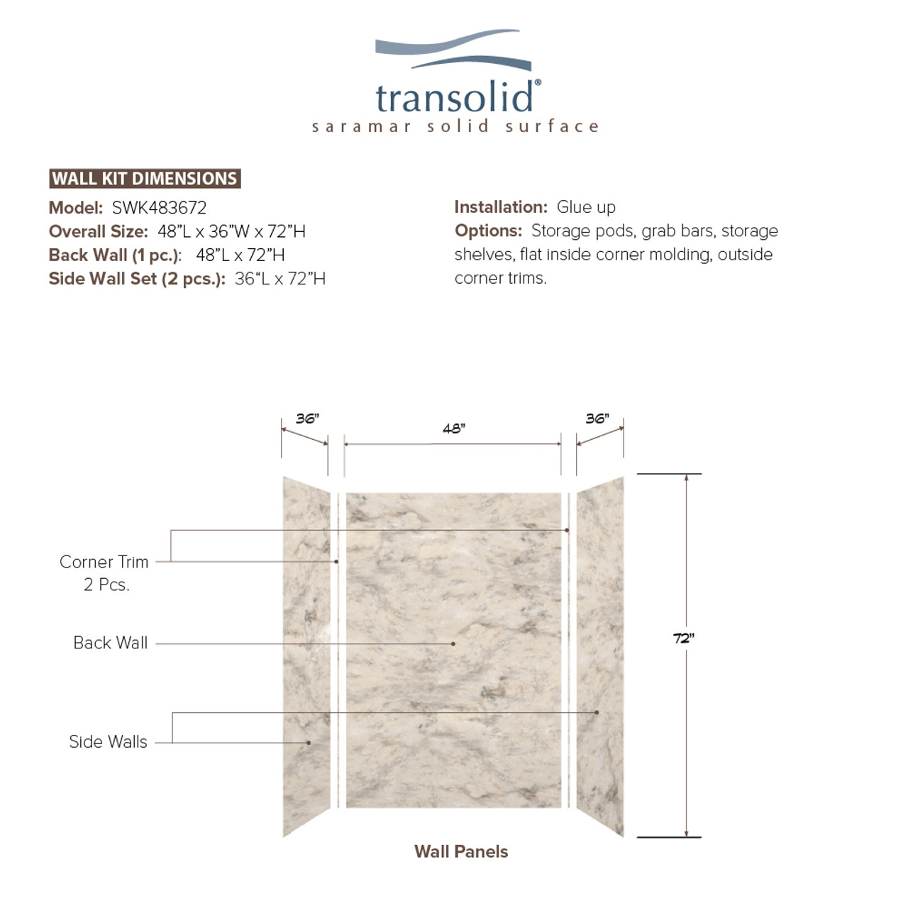 Transolid SWK483672-49V SaraMar 48-in x 36-in x 72-in Glue to Wall 3-Piece Shower Wall Trimmable Kit, Sand Creme Velvet