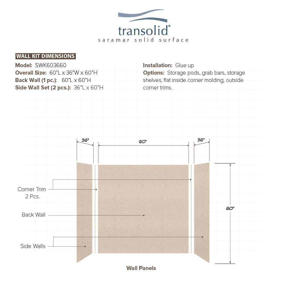 SWK603660-28V SaraMar 60-in x 36-in x 60-in Glue to Wall 3-Piece Shower Wall Trimmable Kit, Cashew Velvet