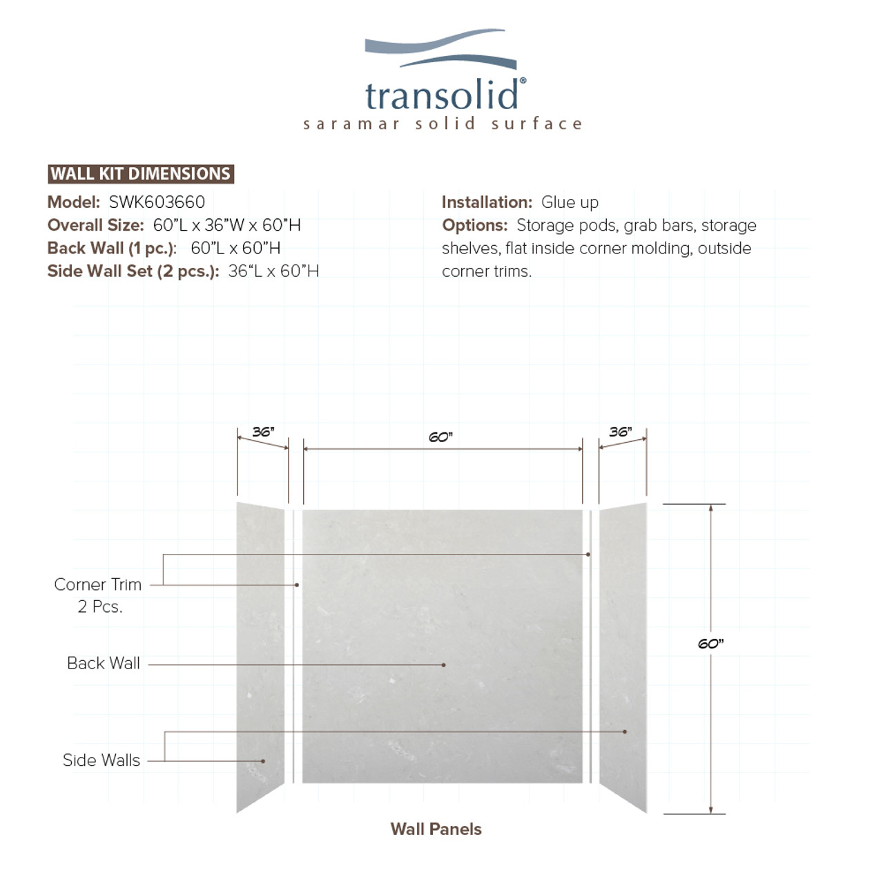 Transolid SWK603660-50V SaraMar 60-in x 36-in x 60-in Glue to Wall 3-Piece Shower Wall Trimmable Kit, Lunar Velvet