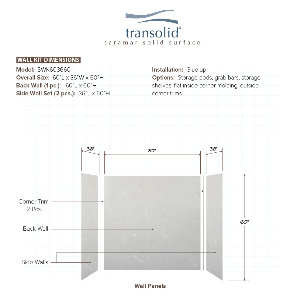 SWK603660-50V SaraMar 60-in x 36-in x 60-in Glue to Wall 3-Piece Shower Wall Trimmable Kit, Lunar Velvet