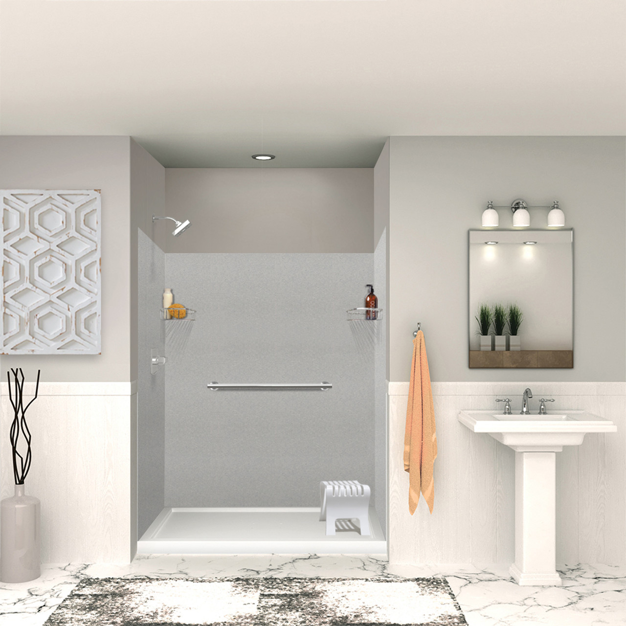 Transolid SWK603672-27V SaraMar 60-in x 36-in x 72-in Glue to Wall 3-Piece Shower Wall Trimmable Kit, Grey Beach Velvet