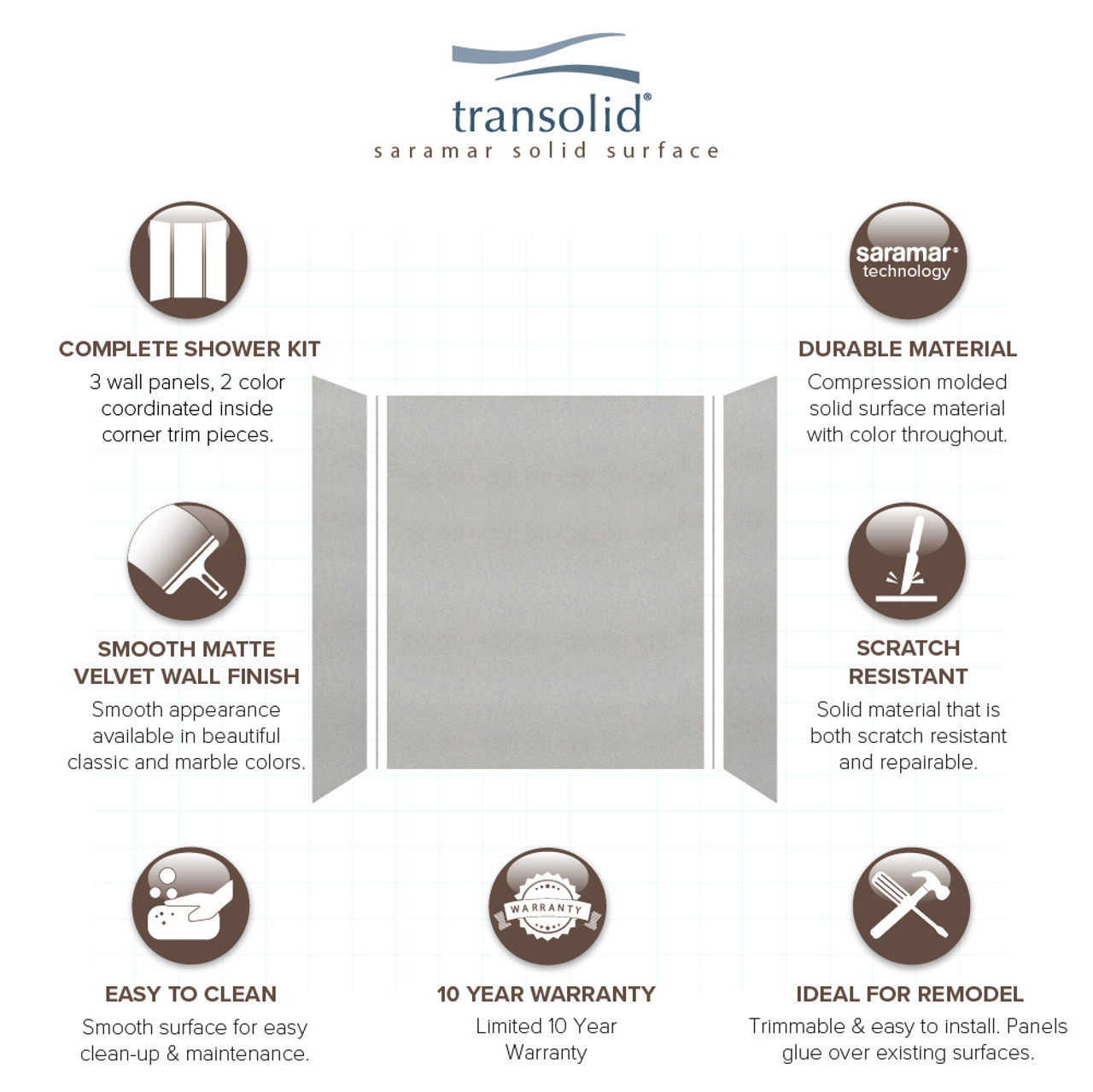 Transolid SWK603672-27V SaraMar 60-in x 36-in x 72-in Glue to Wall 3-Piece Shower Wall Trimmable Kit, Grey Beach Velvet