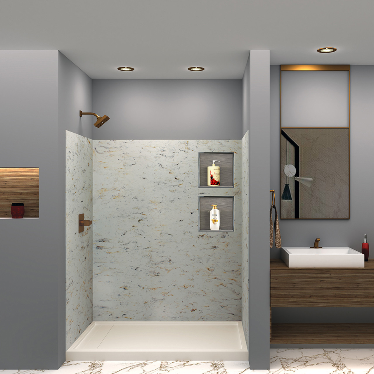 Transolid SWK603672-48V SaraMar 60-in x 36-in x 72-in Glue to Wall 3-Piece Shower Wall Trimmable Kit, Biscotti Marble Velvet