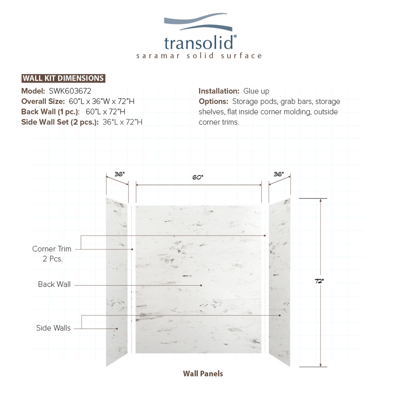 Transolid SWK603672-47V SaraMar 60-in x 36-in x 72-in Glue to Wall 3-Piece Shower Wall Trimmable Kit, White Venito Velvet