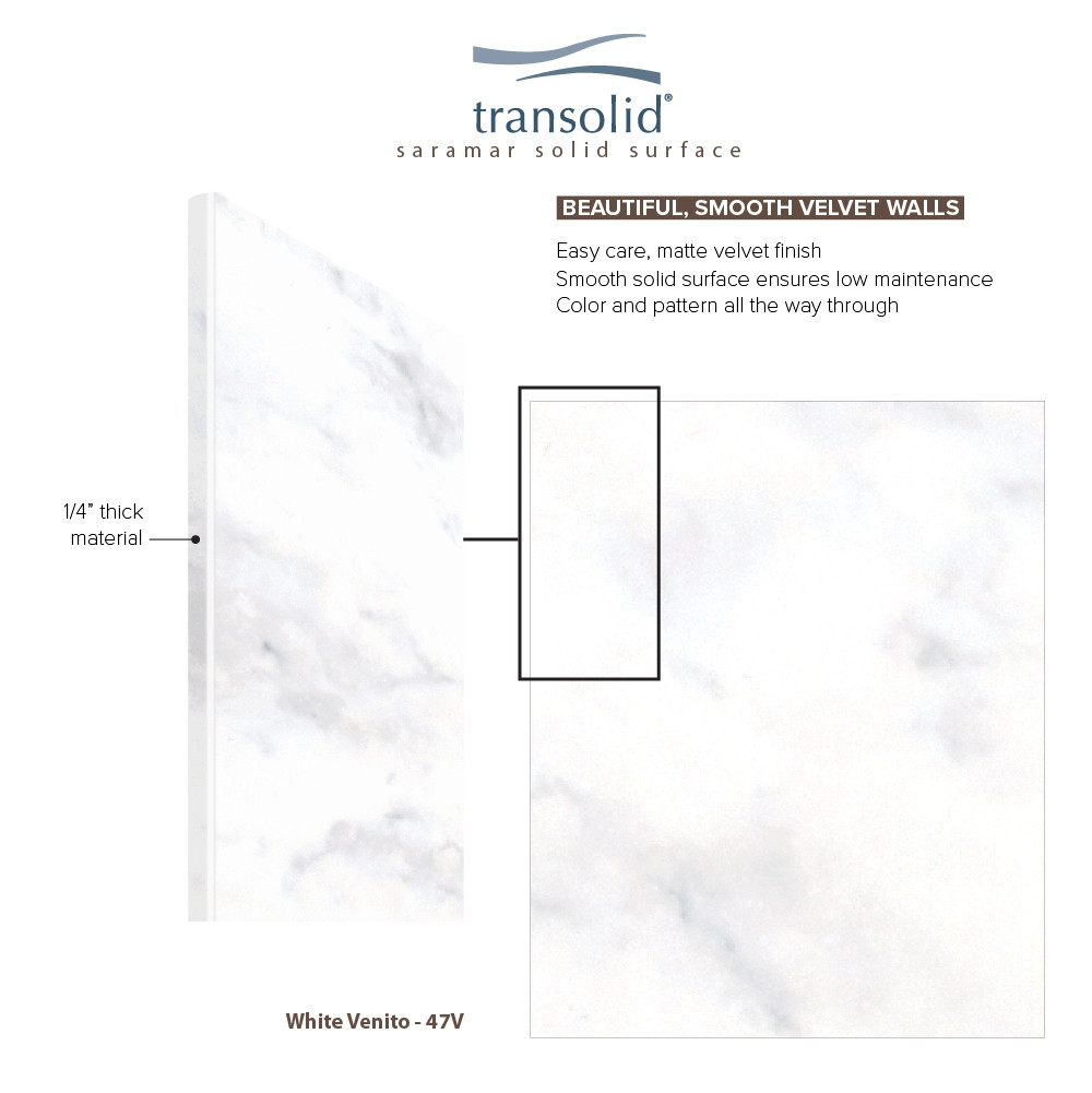 SWK603672-47V SaraMar 60-in x 36-in x 72-in Glue to Wall 3-Piece Shower Wall Trimmable Kit, White Venito Velvet