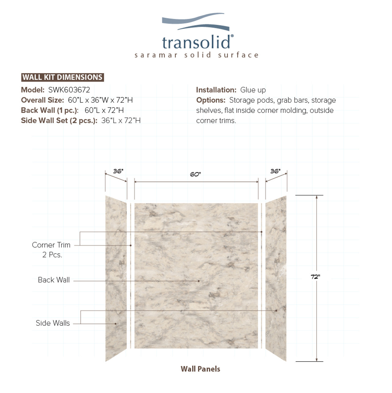 Transolid SWK603672-49V SaraMar 60-in x 36-in x 72-in Glue to Wall 3-Piece Shower Wall Trimmable Kit, Sand Creme Velvet