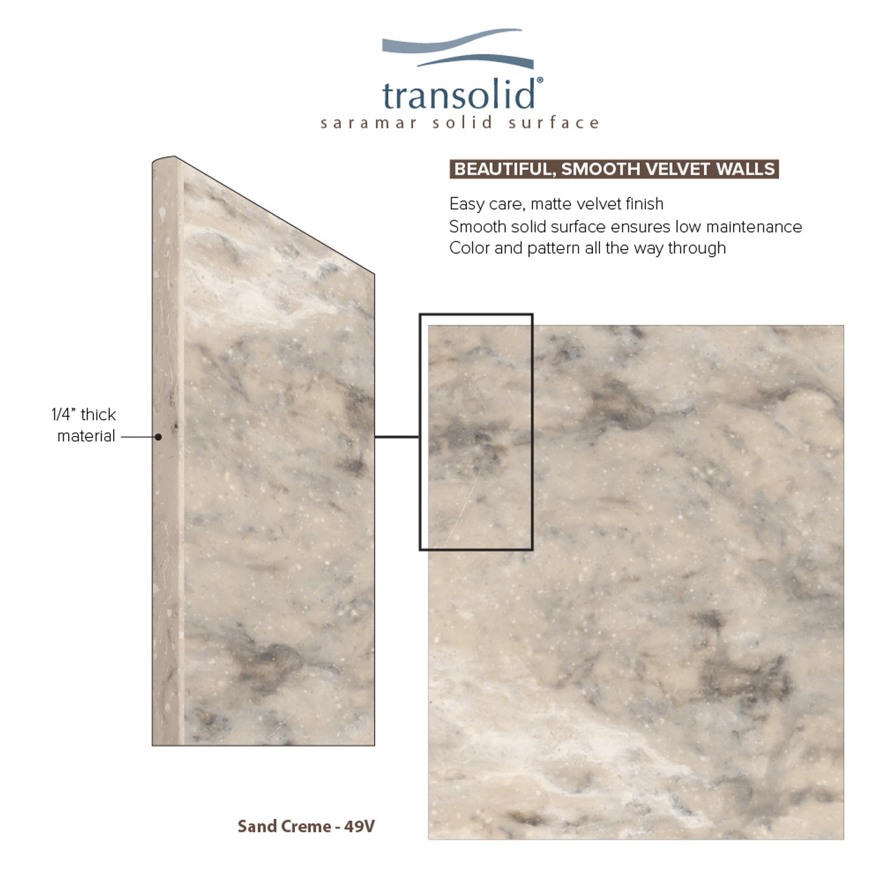 Transolid SWK603672-49V SaraMar 60-in x 36-in x 72-in Glue to Wall 3-Piece Shower Wall Trimmable Kit, Sand Creme Velvet