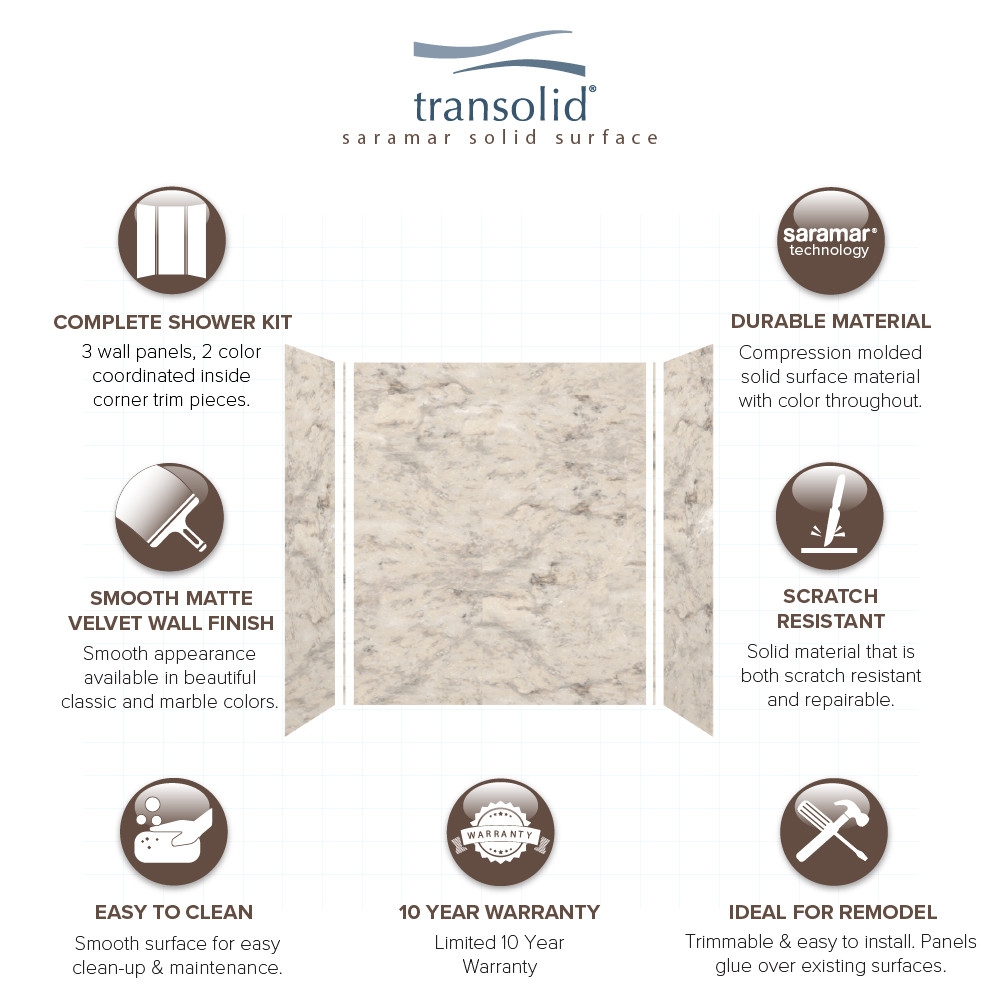 SWK603672-49V SaraMar 60-in x 36-in x 72-in Glue to Wall 3-Piece Shower Wall Trimmable Kit, Sand Creme Velvet