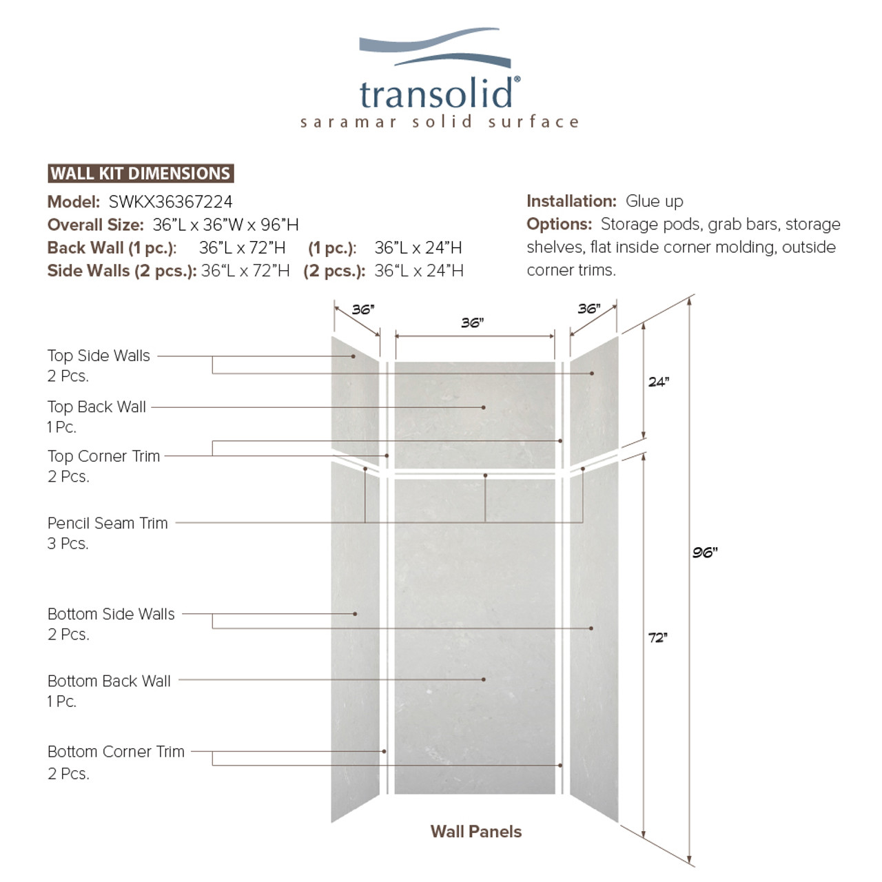 Transolid SWKX36367224-50V SaraMar 36-in x 36-in x 96-in Glue to Wall 6-Piece Shower Wall Trimmable Kit with Extension, Lunar Velvet