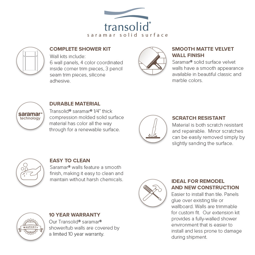 SWKX36367224-50V SaraMar 36-in x 36-in x 96-in Glue to Wall 6-Piece Shower Wall Trimmable Kit with Extension, Lunar Velvet